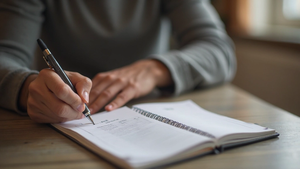 Person schreibt Ziele und Gewohnheitsplan in ein Notizbuch mit strukturiertem Layout