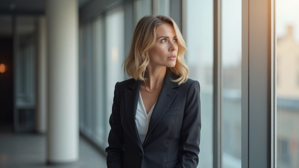 Frau bereitet sich mental auf ein wichtiges Geschäftstreffen vor und wirkt fokussiert und selbstbewusst