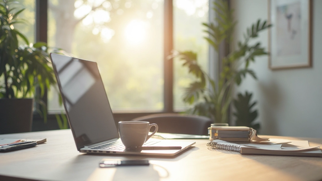 Moderne Büroumgebung mit natürlichem Licht und Inspirationsmaterialien