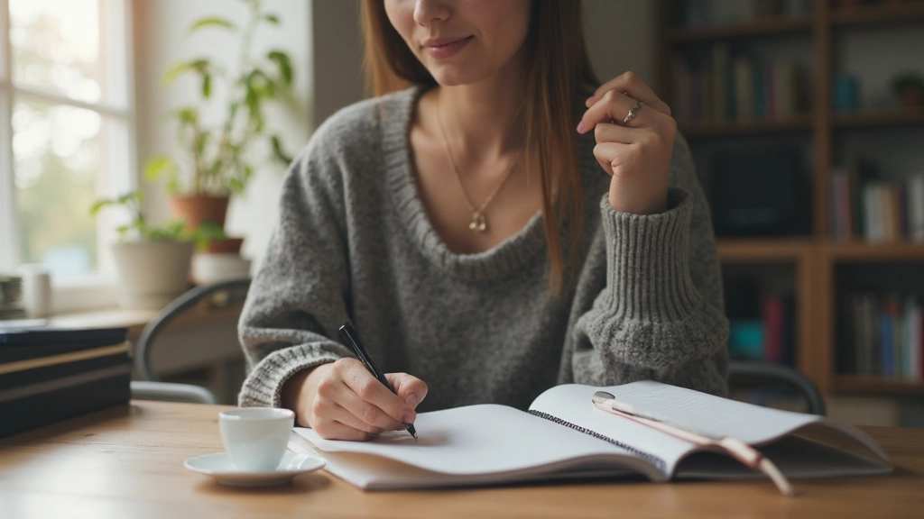 Person sitzt an Schreibtisch mit Notizbuch und schreibt detaillierte Ziele auf